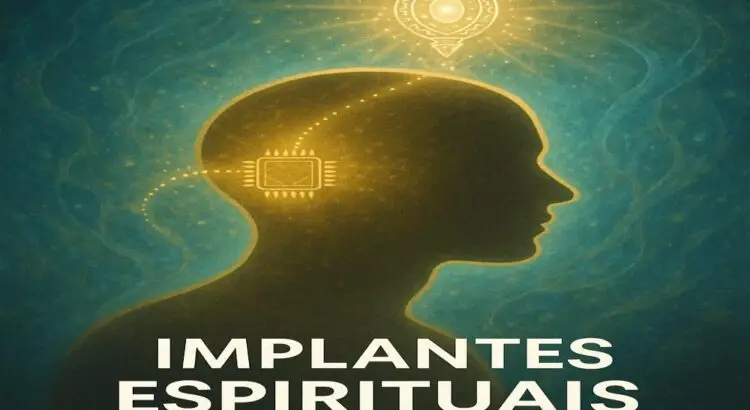 Silhueta humana com chip energético implantado no cérebro, conectada a um amuleto espiritual representando a influência de artefatos extrafísicos no campo sutil.